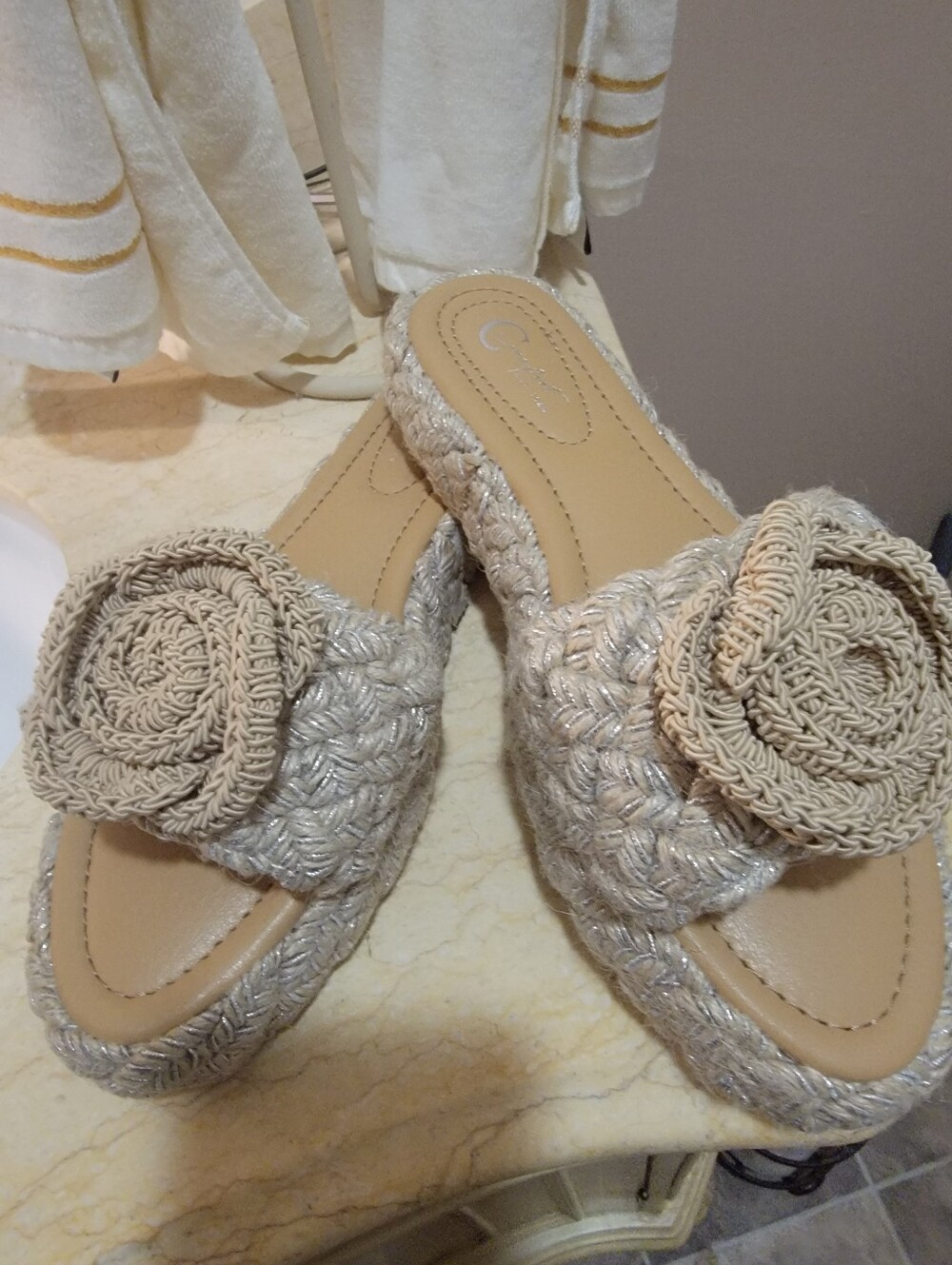 Woven Rosette Slide Sandals in Beige 9